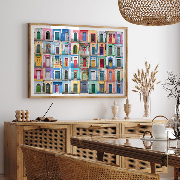 Colorful Doors of Brazil IV framed print hanging in a styled interior
