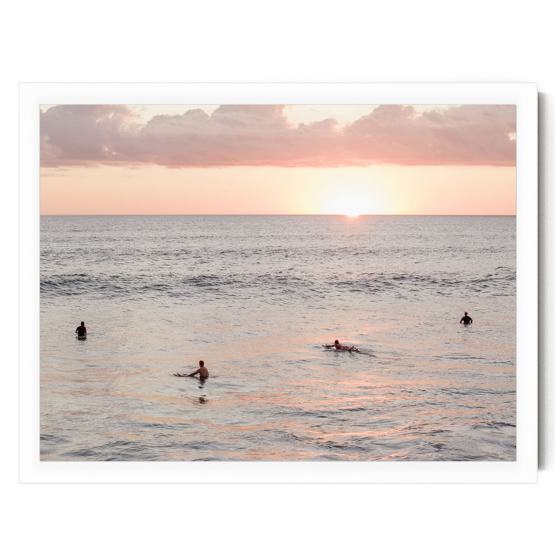 Surfers Waiting at Sunset, Costa Rica print in a white frame without mat