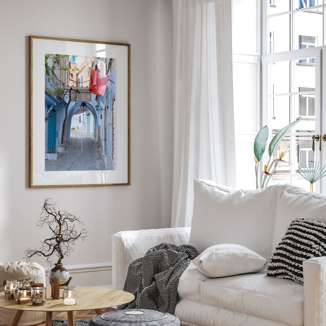 Moroccan Flag in the Blue City, Chefchaouen wall art in a modern interior