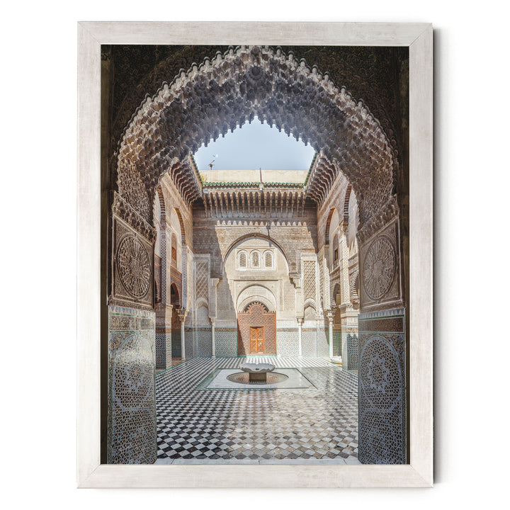 Ornate Madrasa Archway, Fes, Morocco print in a silver frame without mat