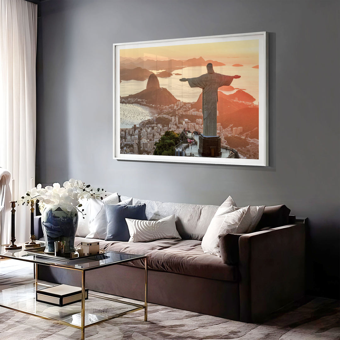 Christ the Redeemer at Golden Hour, Rio de Janeiro, Brazil print displayed in a bedroom setting