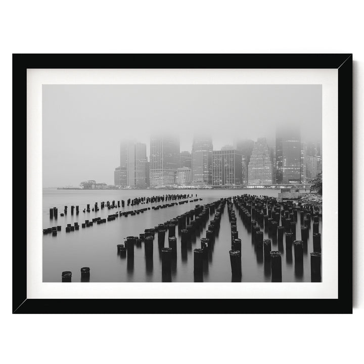 Foggy Manhattan Skyline, New York City – B&amp;W print in a black frame with white mat