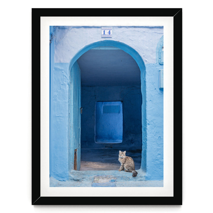 Cat in the Blue Doorway, Chefchaouen, Morocco print in a black frame with white mat