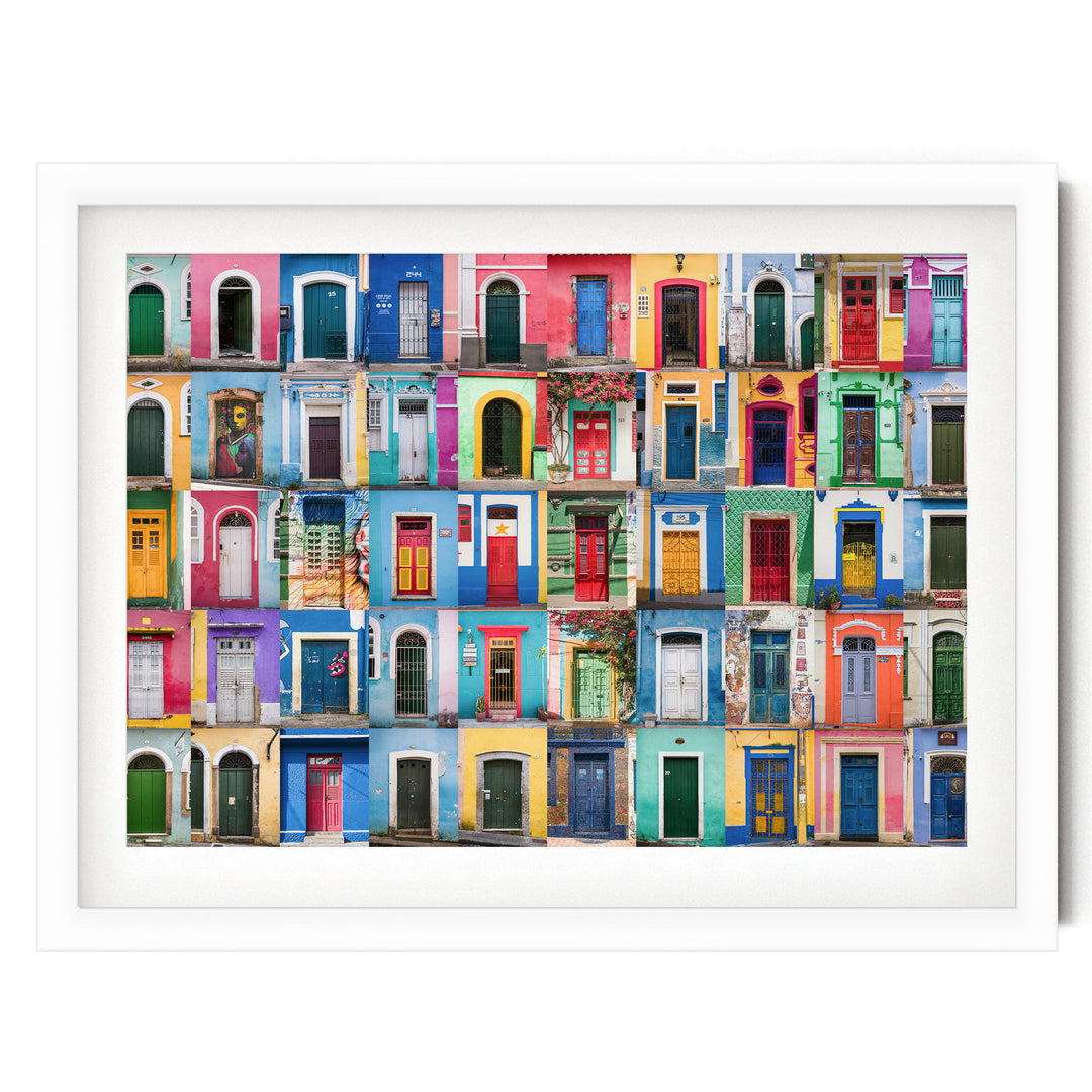 Colorful Doors of Brazil IV print in a white frame with white mat