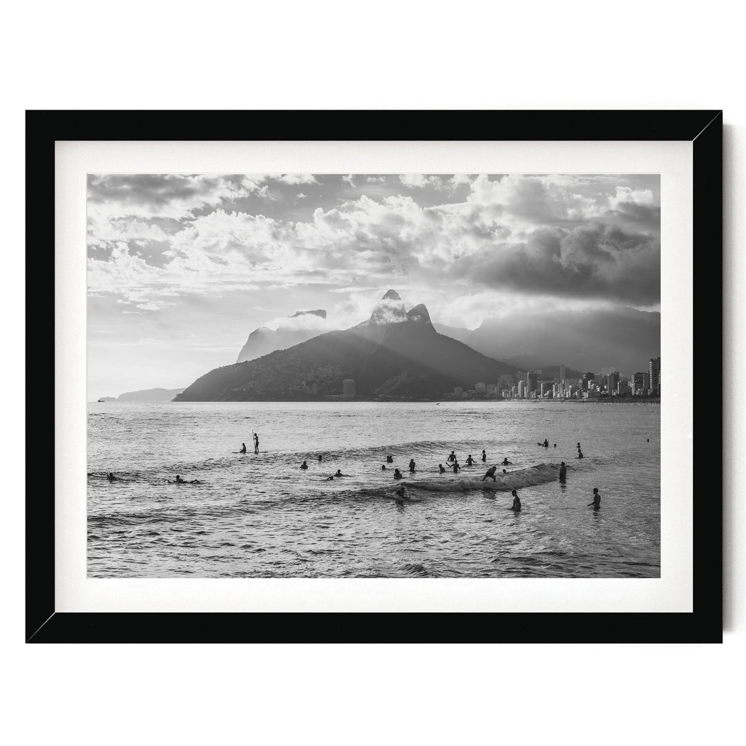 Sunlight over Ipanema, Rio de Janeiro, Brazil – B&amp;W print in a black frame with white mat