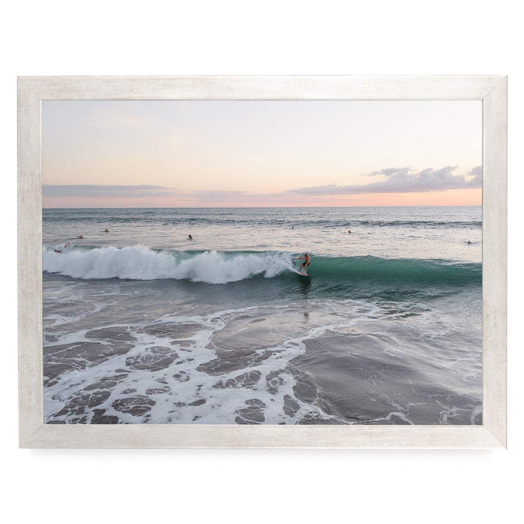 Riding the Wave at Sunset II, Costa Rica print in a silver frame without mat