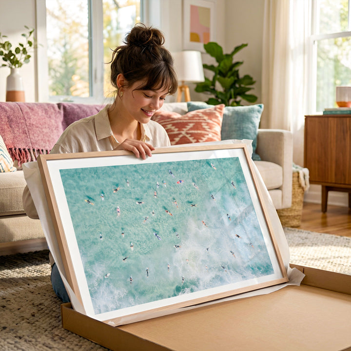 Woman holding a framed Bondi Beach surfers print in a bright living room
