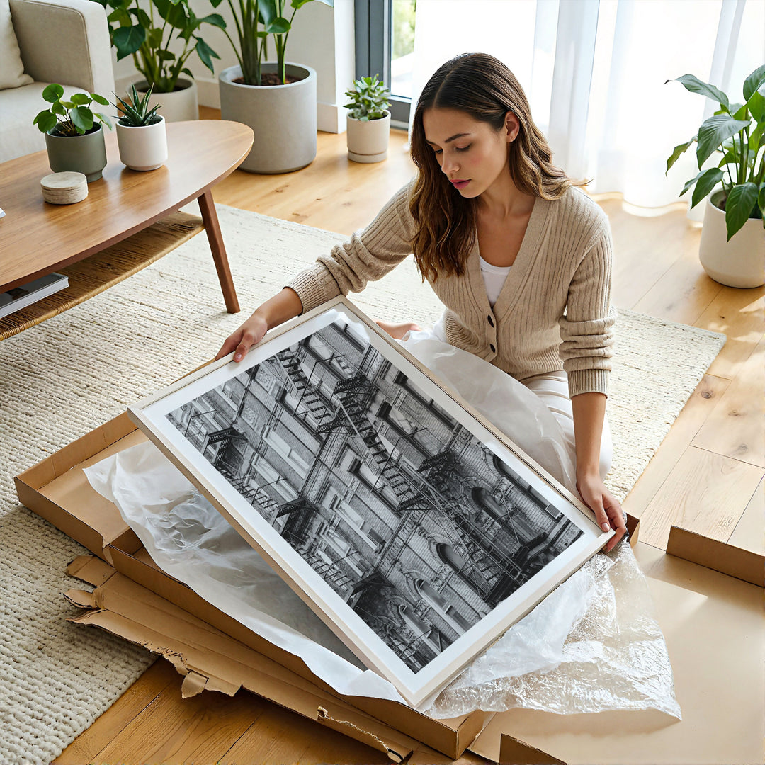 Fire Escapes, New York City – B&amp;W framed photography print in a lifestyle setting