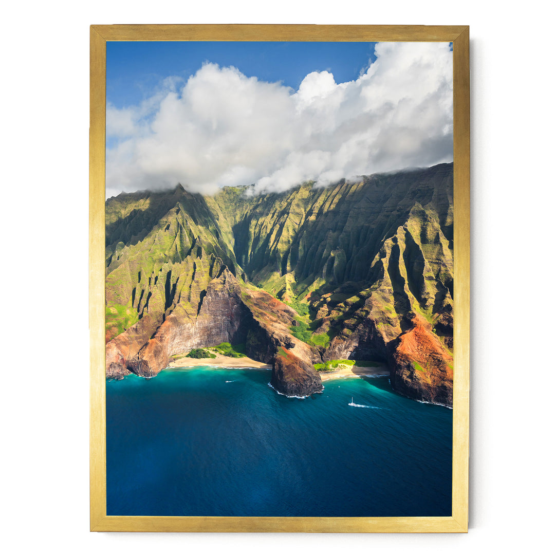 Kauai Cliffs II, Na Pali Coast, Hawaii print in a gold frame without mat