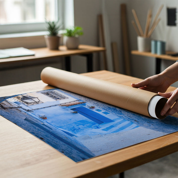 Blue Alley with Lantern, Chefchaouen, Morocco rolled poster print mockup