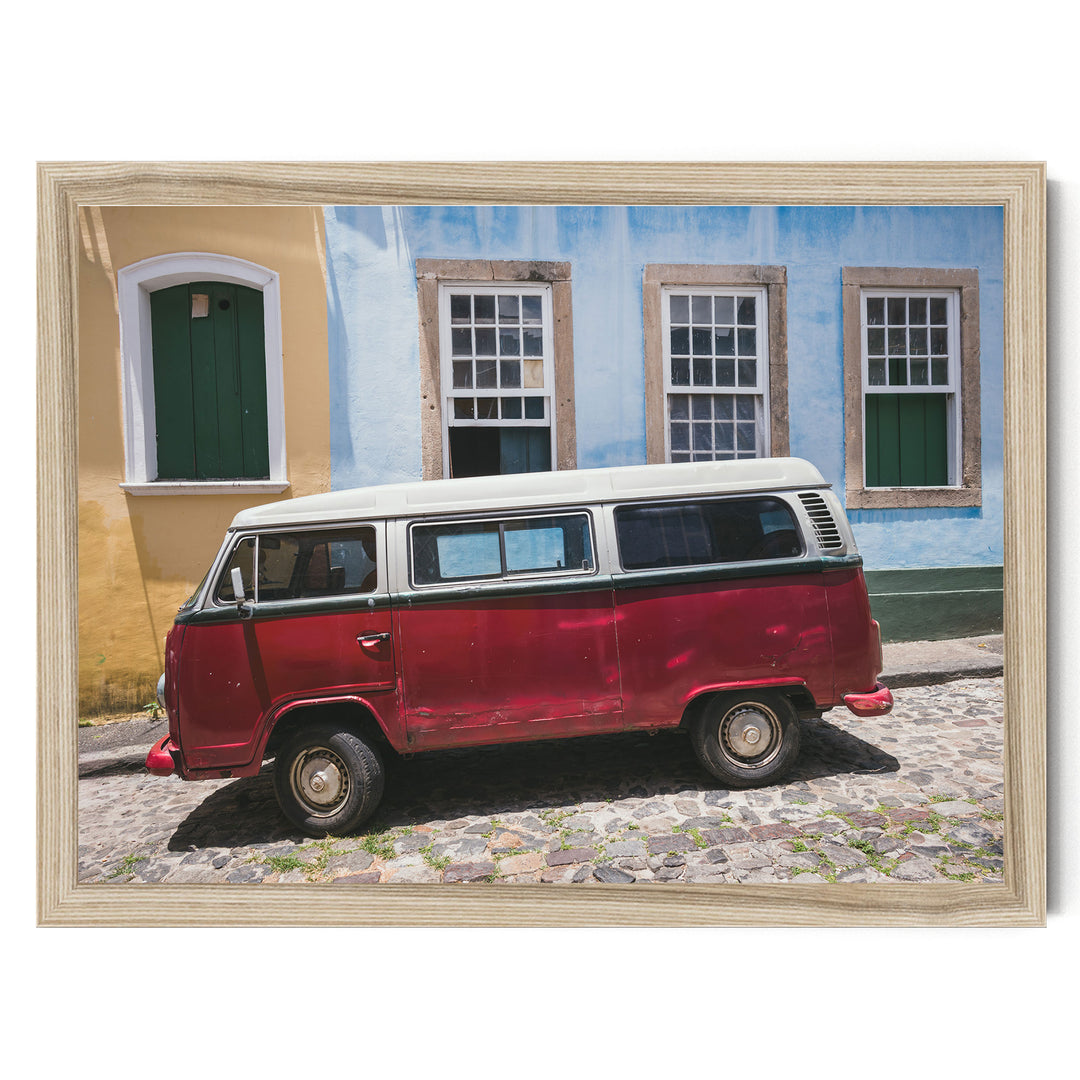 Red Kombi Van, Pelourinho, Salvador, Brazil print in a natural wood frame without mat