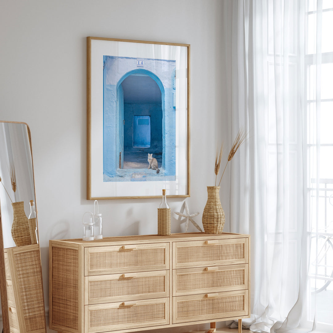 Cat in the Blue Doorway, Chefchaouen, Morocco wall art in a contemporary home