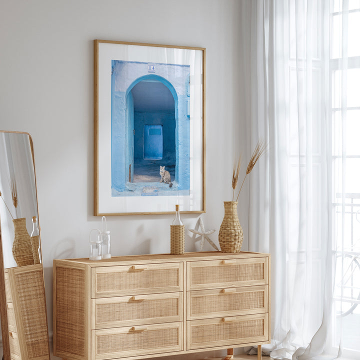 Cat in the Blue Doorway, Chefchaouen, Morocco wall art in a contemporary home