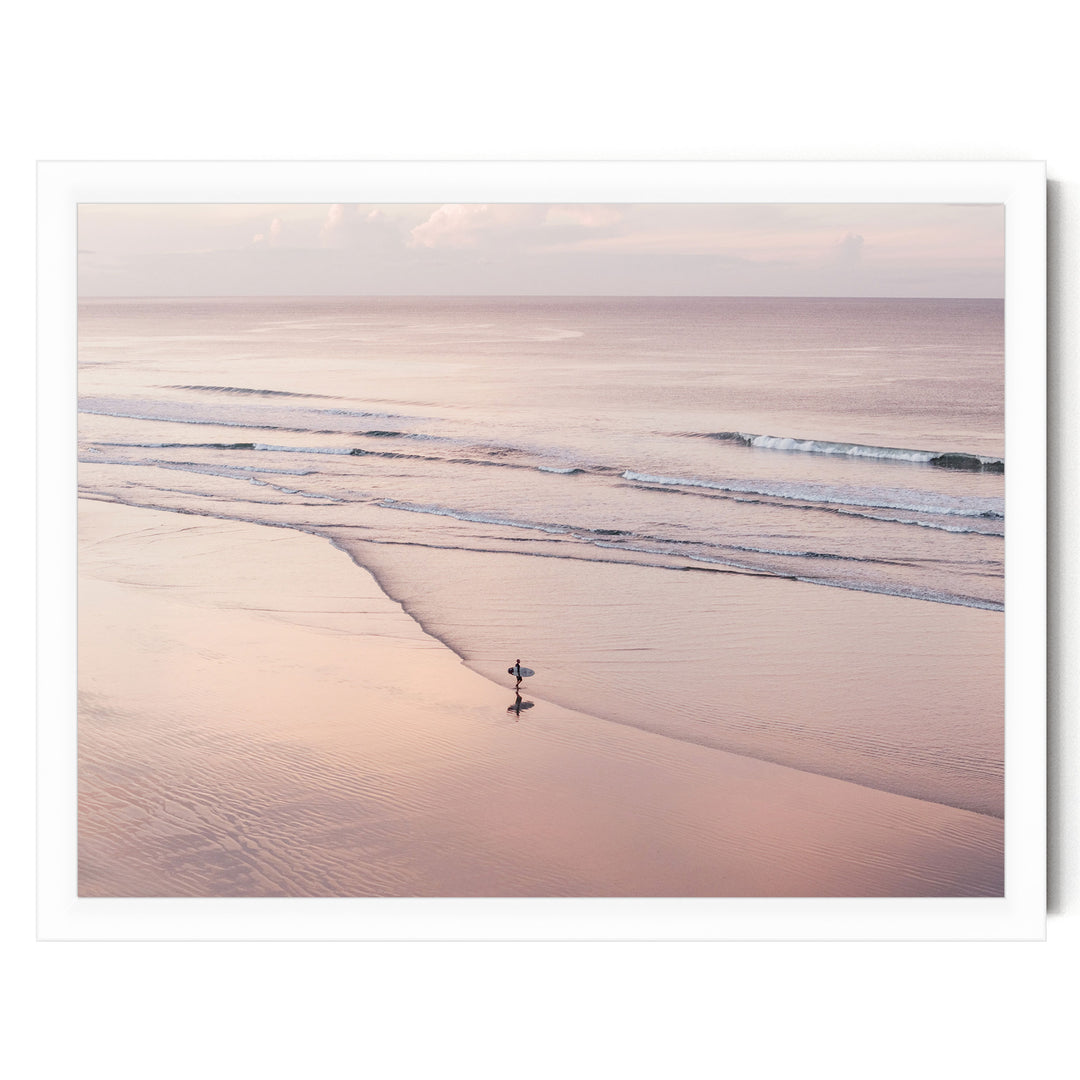 Lone Surfer on a Pink Beach I, Costa Rica print in a white frame without mat