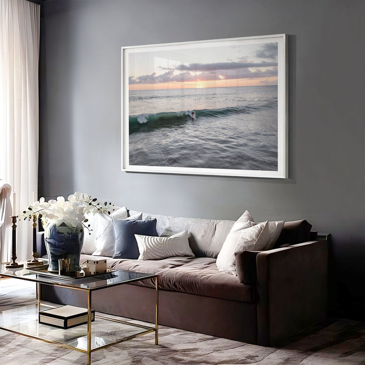 Riding the Wave at Sunset I, Costa Rica print displayed in a bedroom setting