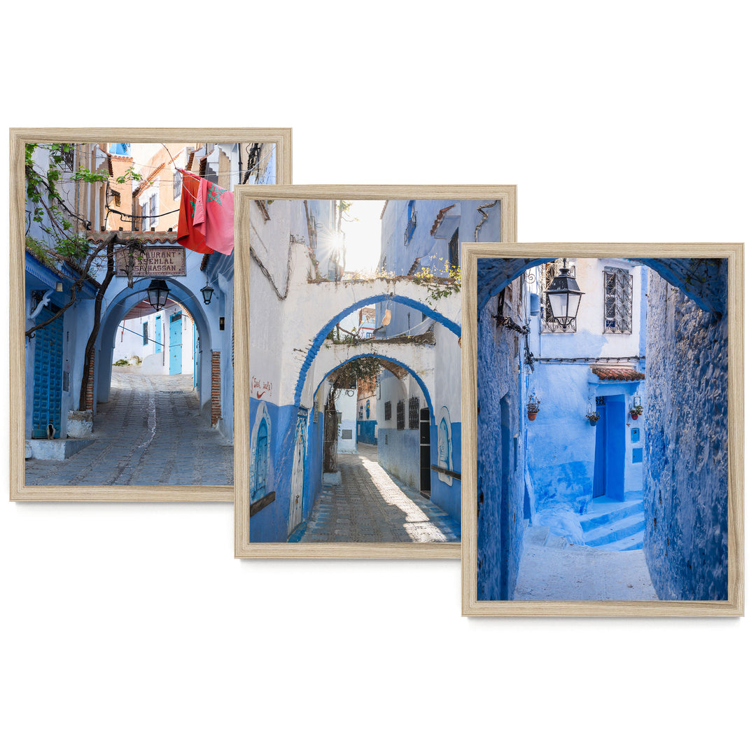 Blue City of Chefchaouen, Morocco print set of 3 in natural wood frames without mat