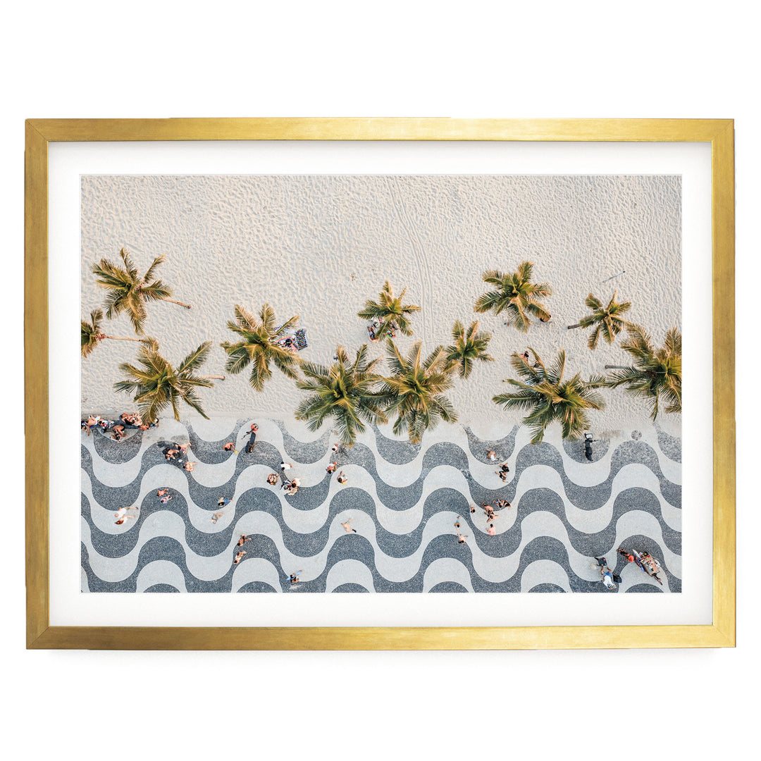 Copacabana Promenade from Above, Rio de Janeiro, Brazil print in a gold frame with white mat