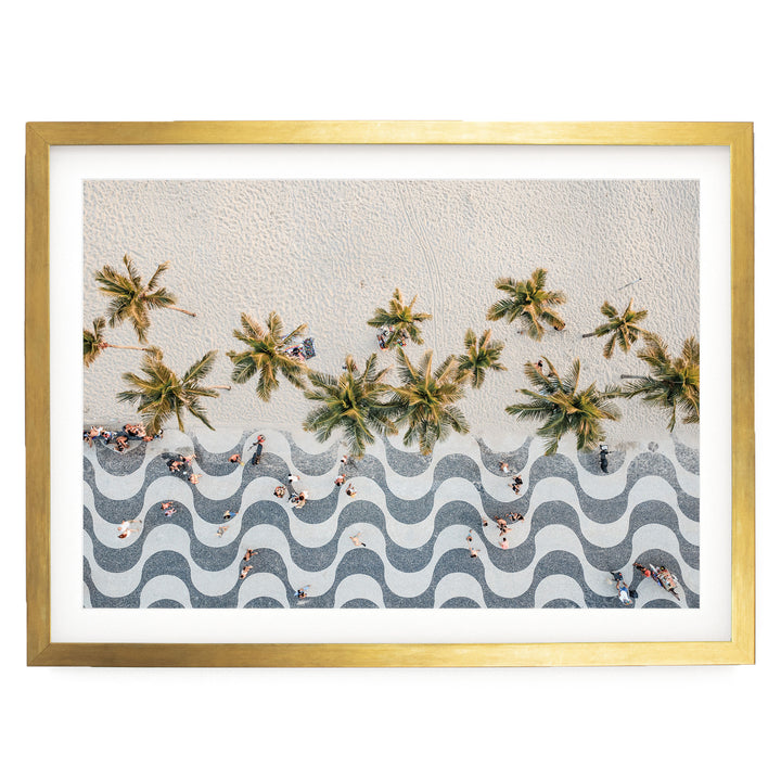 Copacabana Promenade from Above, Rio de Janeiro, Brazil print in a gold frame with white mat