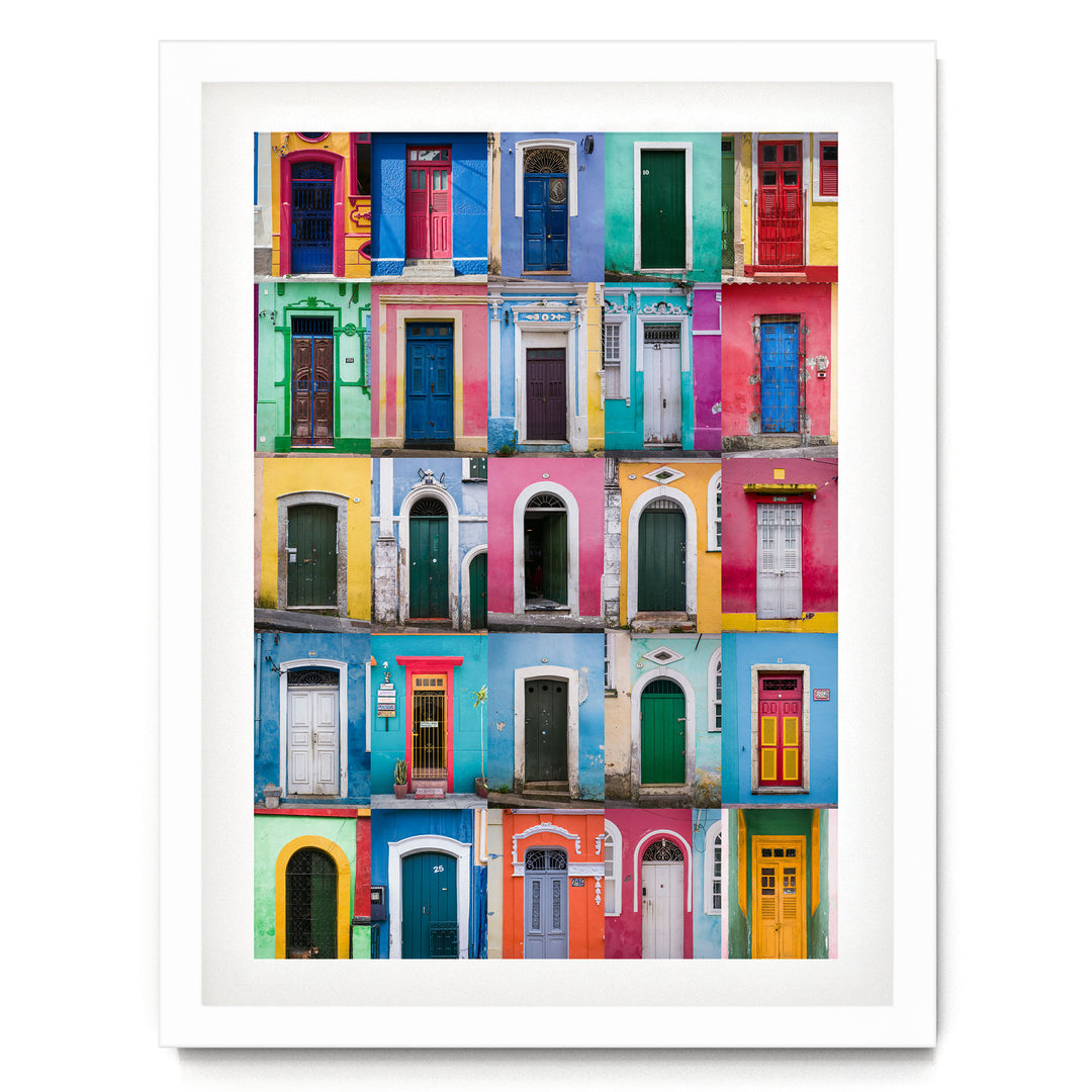Colorful Doors of Brazil I print in a white frame with white mat