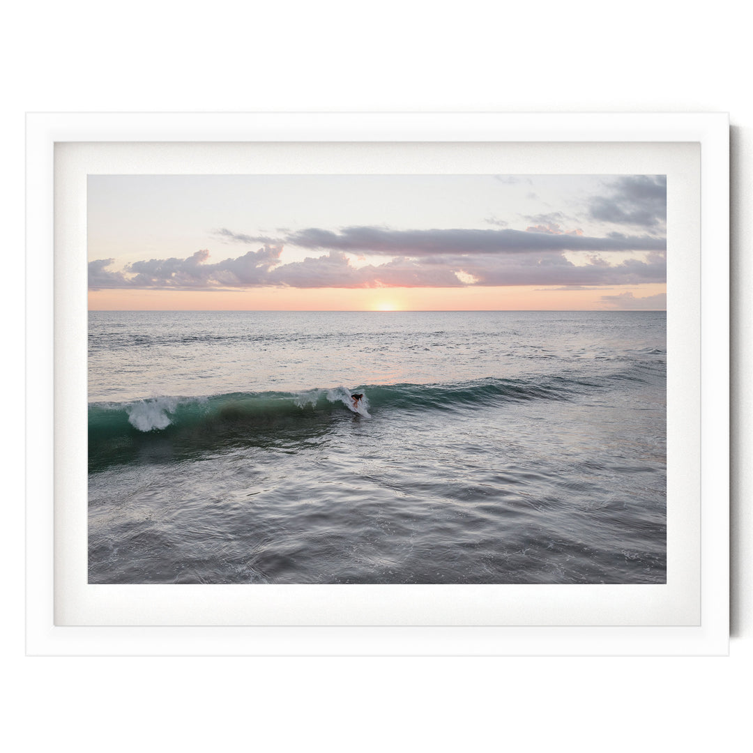 Riding the Wave at Sunset I, Costa Rica print in a white frame with white mat