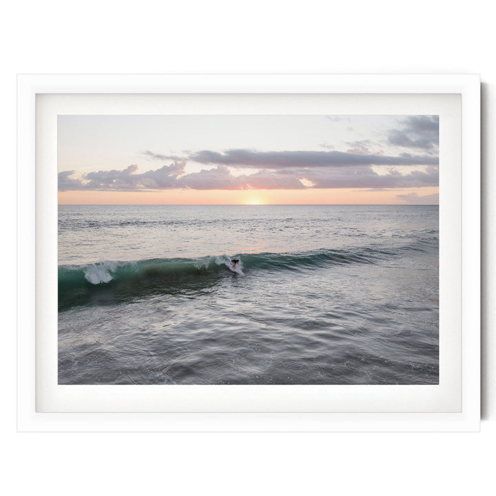Riding the Wave at Sunset I, Costa Rica print in a white frame with white mat