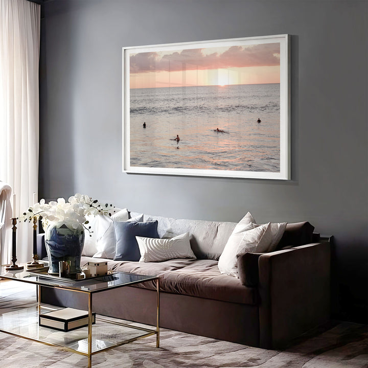 Surfers Waiting at Sunset, Costa Rica print displayed in a bedroom setting
