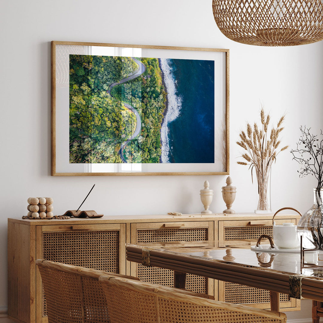 Road to Hana II, Maui, Hawaii framed print hanging in a styled interior