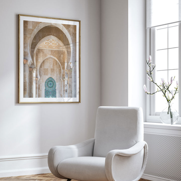 Mosaic Archway, Hassan II Mosque, Casablanca framed wall art in a cozy interior