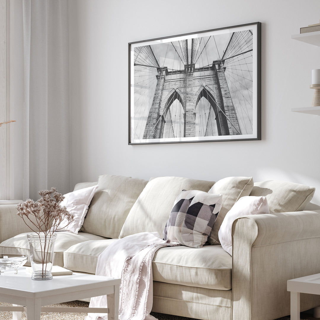 Brooklyn Bridge Tower, New York City – B&amp;W framed print in a living room setting