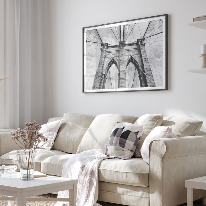 Brooklyn Bridge Tower, New York City – B&amp;W framed print in a living room setting