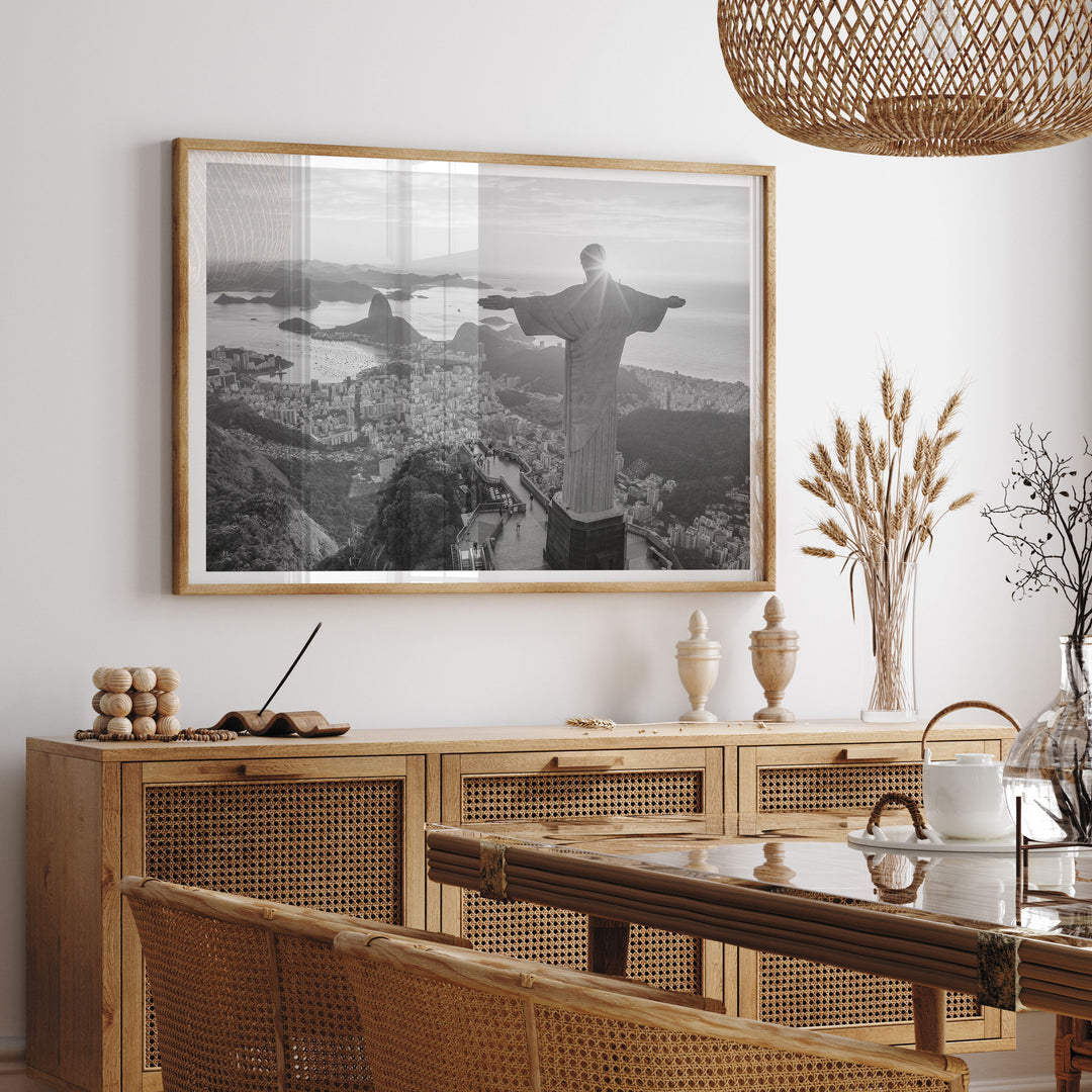Christ the Redeemer, Rio de Janeiro, Brazil – B&amp;W framed print hanging in a styled interior
