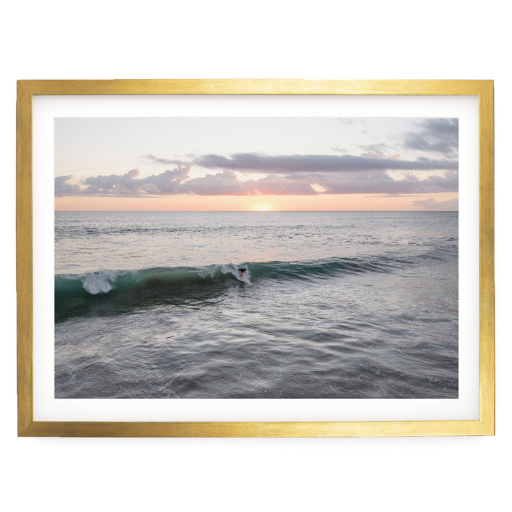 Riding the Wave at Sunset I, Costa Rica print in a gold frame with white mat