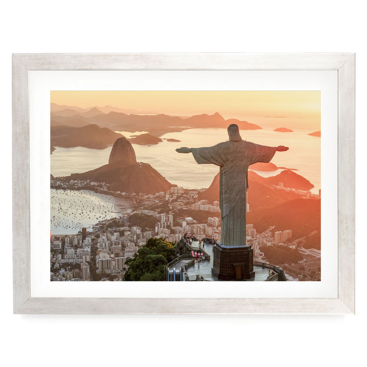 Christ the Redeemer at Golden Hour, Rio de Janeiro, Brazil print in a silver frame with white mat