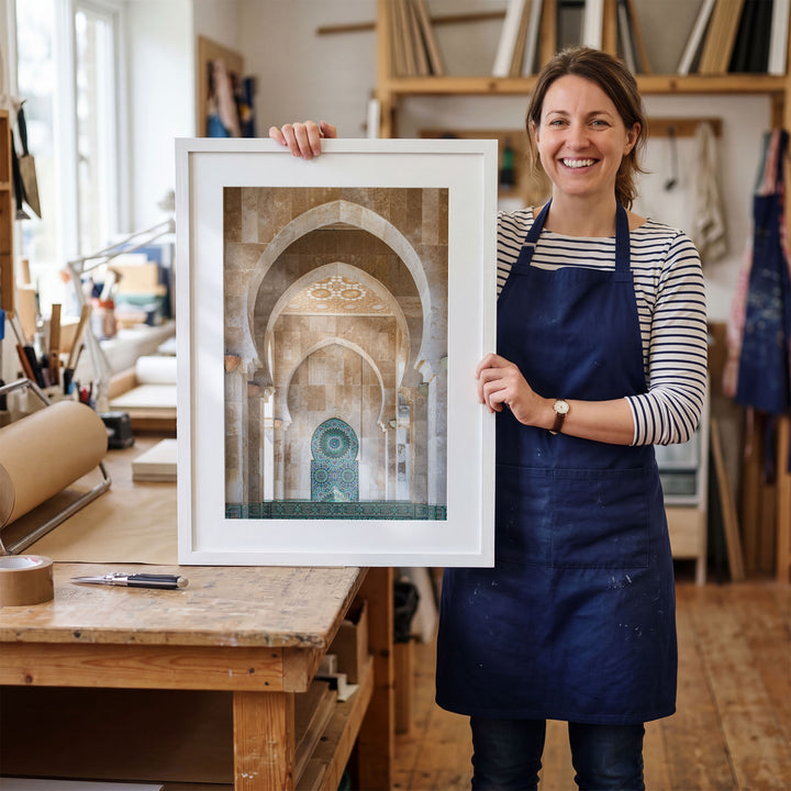 Mosaic Archway, Hassan II Mosque, Casablanca framed print in a dining room setting