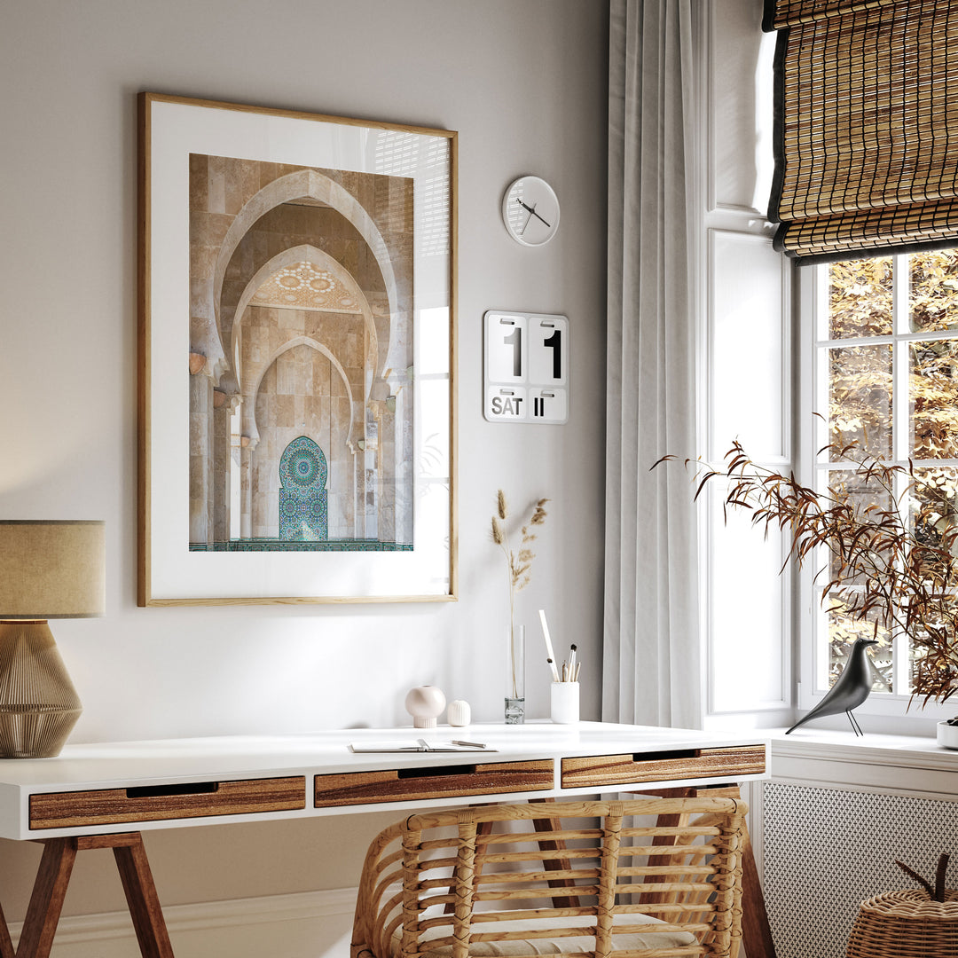 Mosaic Archway, Hassan II Mosque, Casablanca framed print hanging in a styled interior