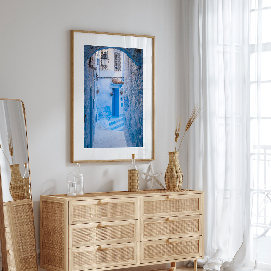 Blue Alley with Lantern, Chefchaouen, Morocco wall art in a contemporary home