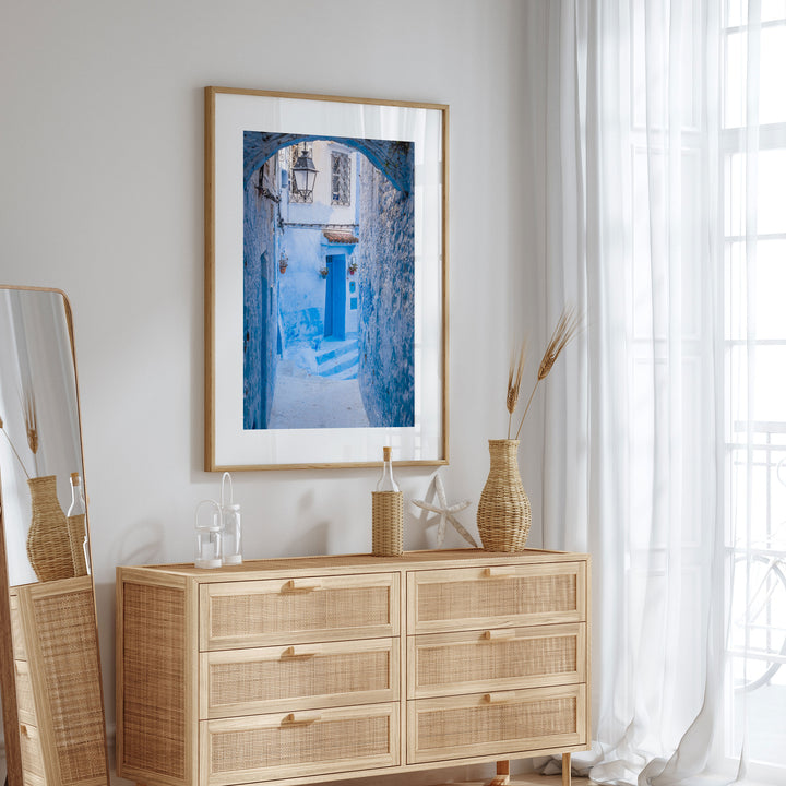 Blue Alley with Lantern, Chefchaouen, Morocco wall art in a contemporary home