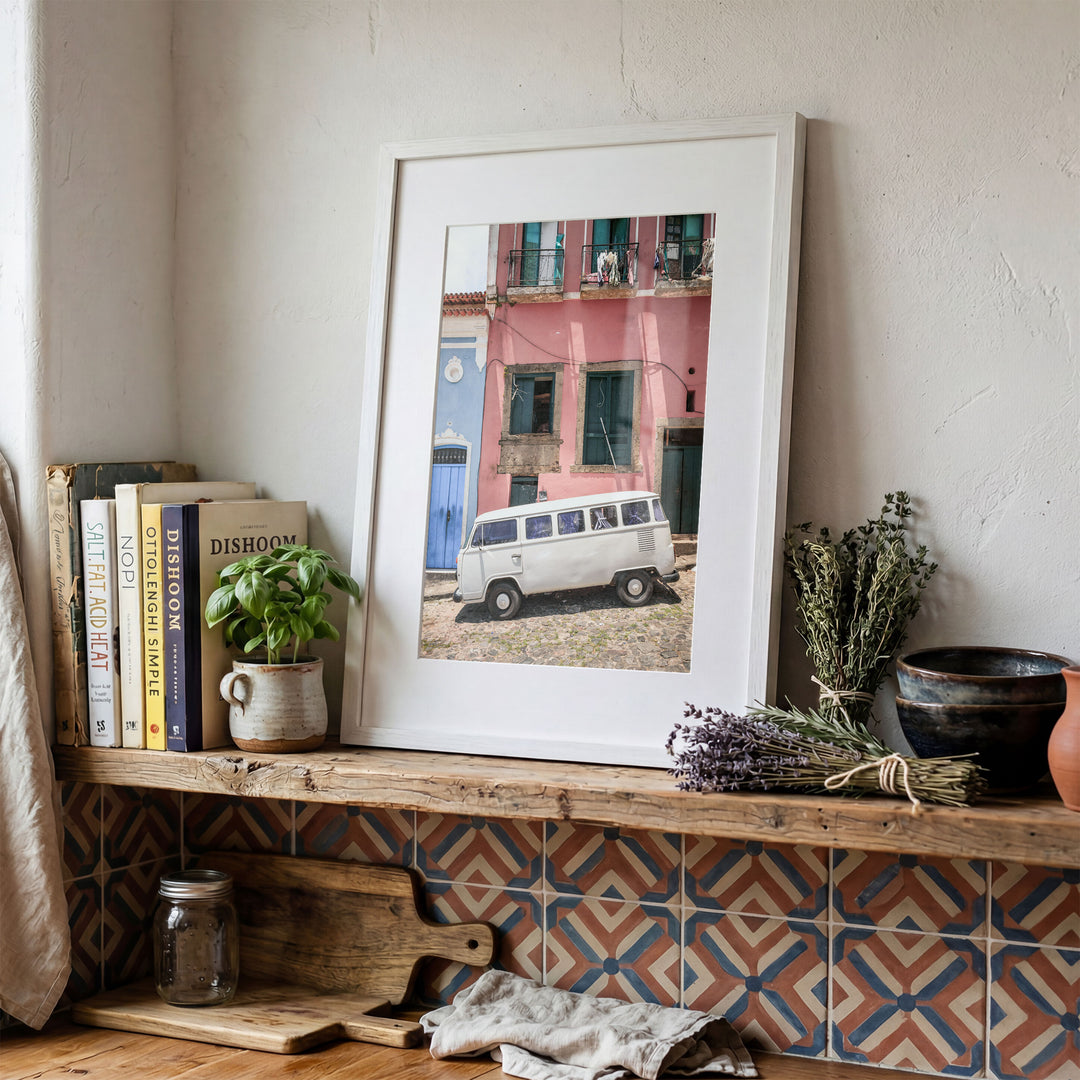 White Kombi Van, Pelourinho, Salvador, Brazil framed print in a decorated room