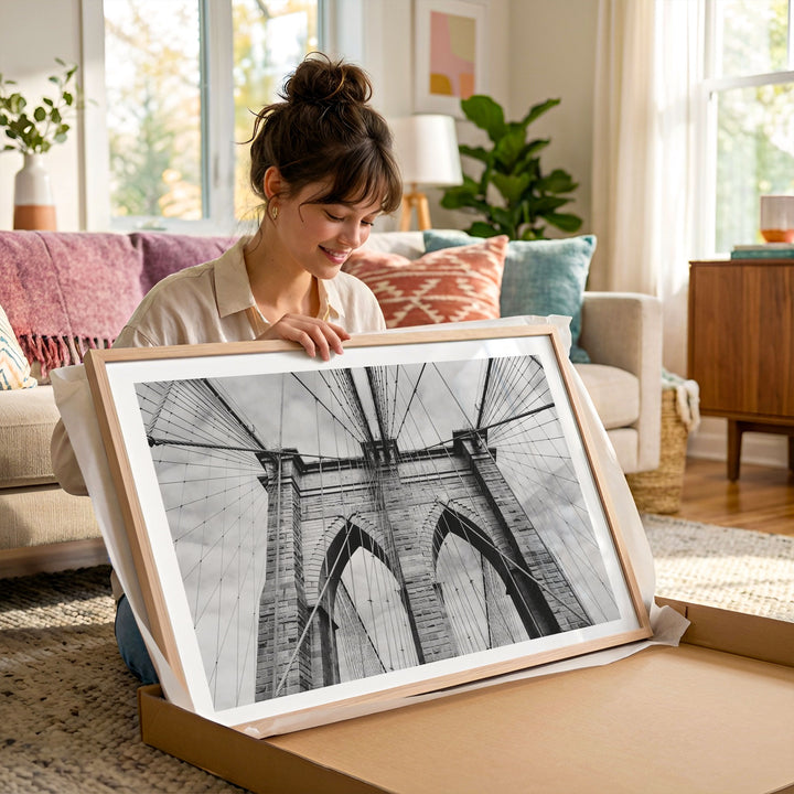 Brooklyn Bridge Tower, New York City – B&amp;W framed photography print in a lifestyle setting