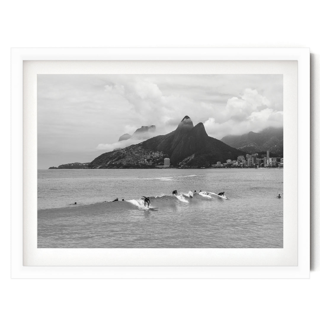 Surfers at Ipanema, Rio de Janeiro, Brazil – B&amp;W print in a white frame with white mat