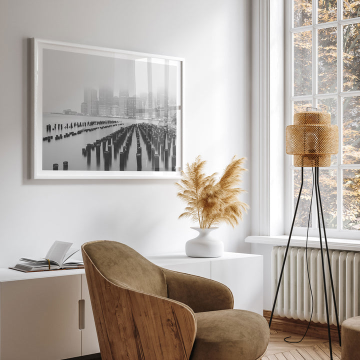 Foggy Manhattan Skyline, New York City – B&amp;W wall art displayed in a room setting