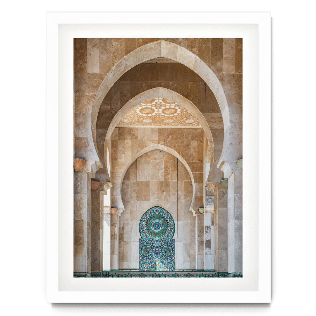 Mosaic Archway, Hassan II Mosque, Casablanca print in a white frame with white mat