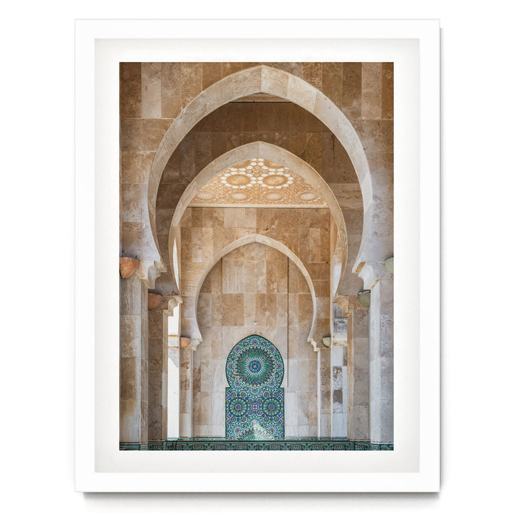 Mosaic Archway, Hassan II Mosque, Casablanca print in a white frame with white mat