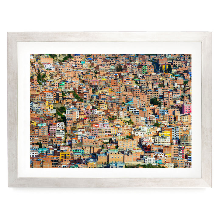 Colorful Houses of La Paz, Bolivia print in a silver frame with white mat