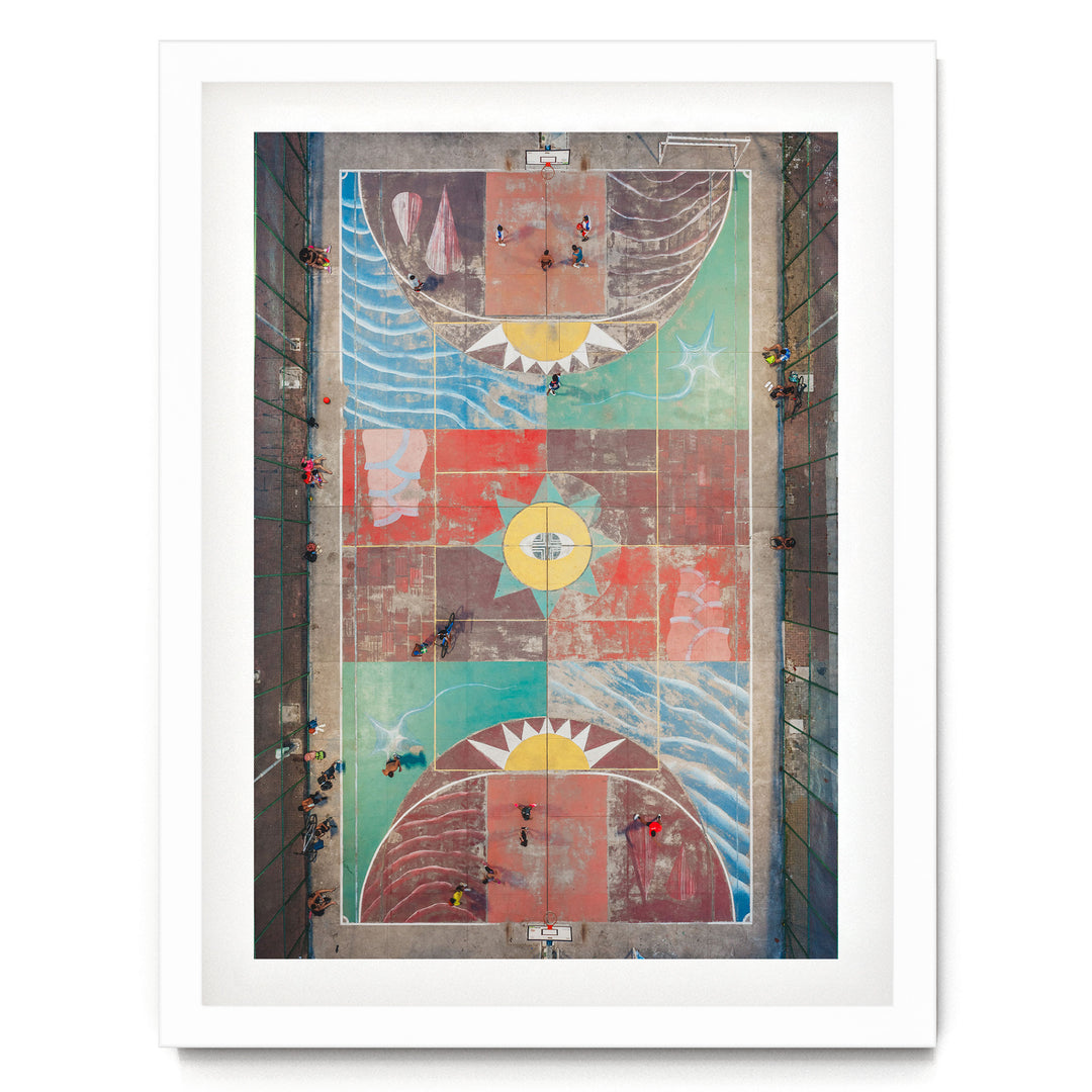 Painted Basketball Court from Above, Brazil print in a white frame with white mat