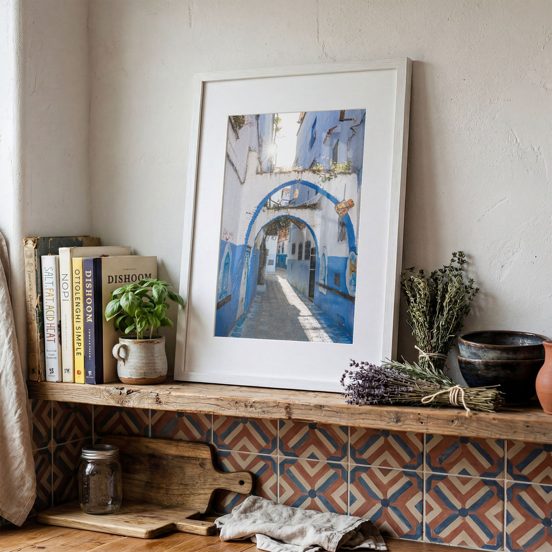 Blue Archways, Chefchaouen, Morocco framed print in a decorated room