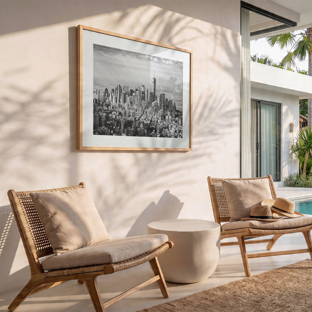 Manhattan Skyline from Above, New York City – B&amp;W wall art in a modern interior
