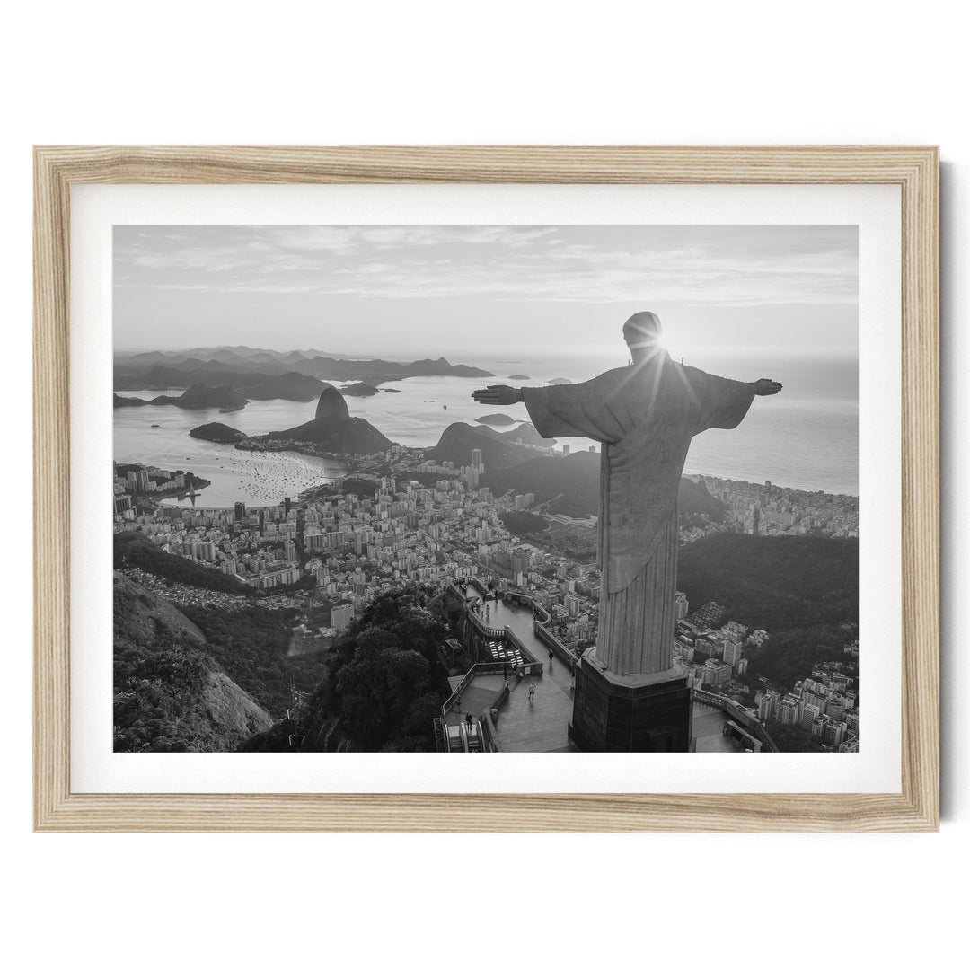 Christ the Redeemer, Rio de Janeiro, Brazil – B&W fine art print in a natural wood frame with white mat
