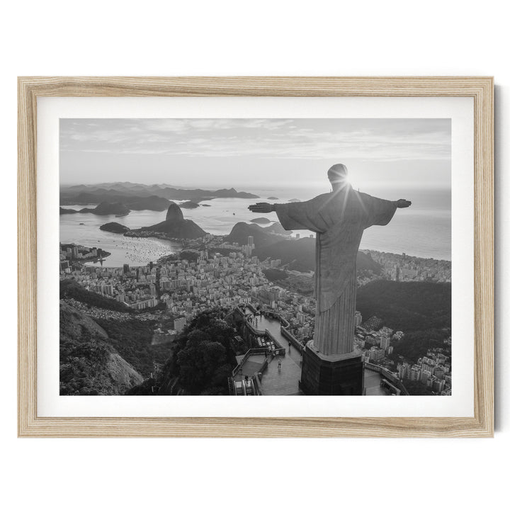 Christ the Redeemer, Rio de Janeiro, Brazil – B&amp;W fine art print in a natural wood frame with white mat