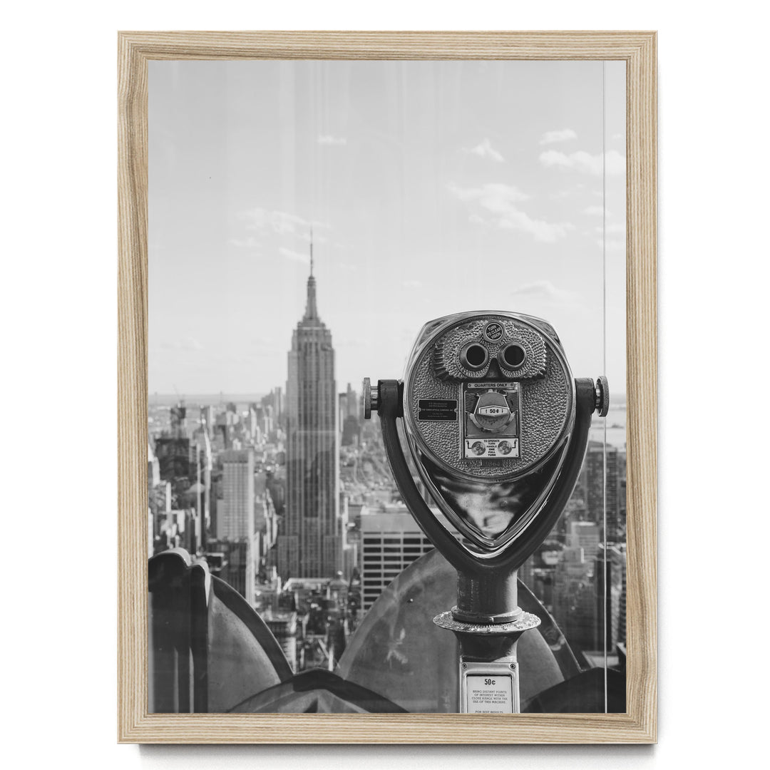 Binoculars and Empire State Building, New York City – B&amp;W print in a natural wood frame without mat